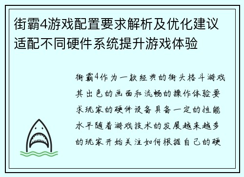 街霸4游戏配置要求解析及优化建议 适配不同硬件系统提升游戏体验