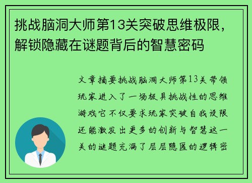 挑战脑洞大师第13关突破思维极限，解锁隐藏在谜题背后的智慧密码